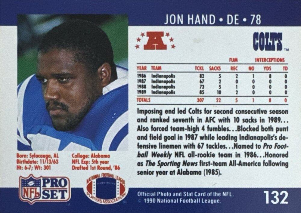 1990 NFL Pro Set Jon Hand Football Card #132