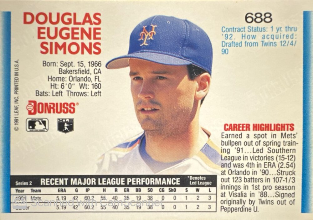 1992 Donruss Douglas Eugene Simons Baseball Card #688