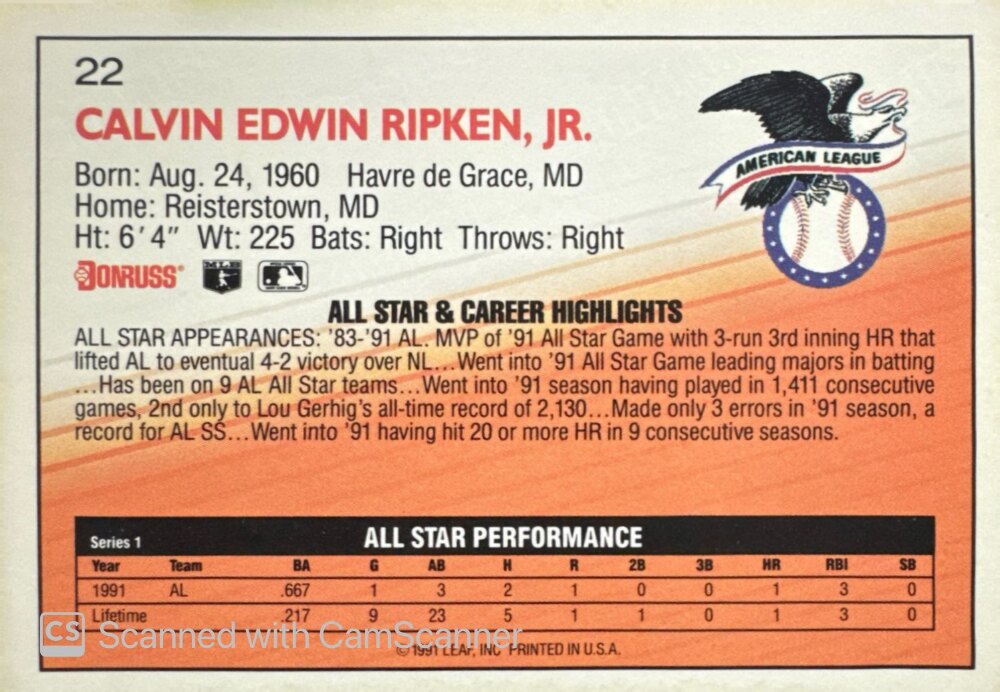 1992 Donruss American League Calvin Edwin Ripken Jr. Baseball Card #22