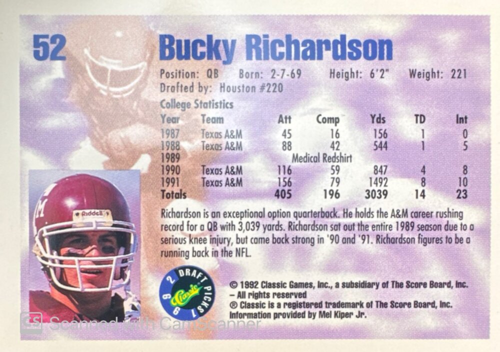 1992 Classic Draft Picks Bucky Richardson Football Card #52