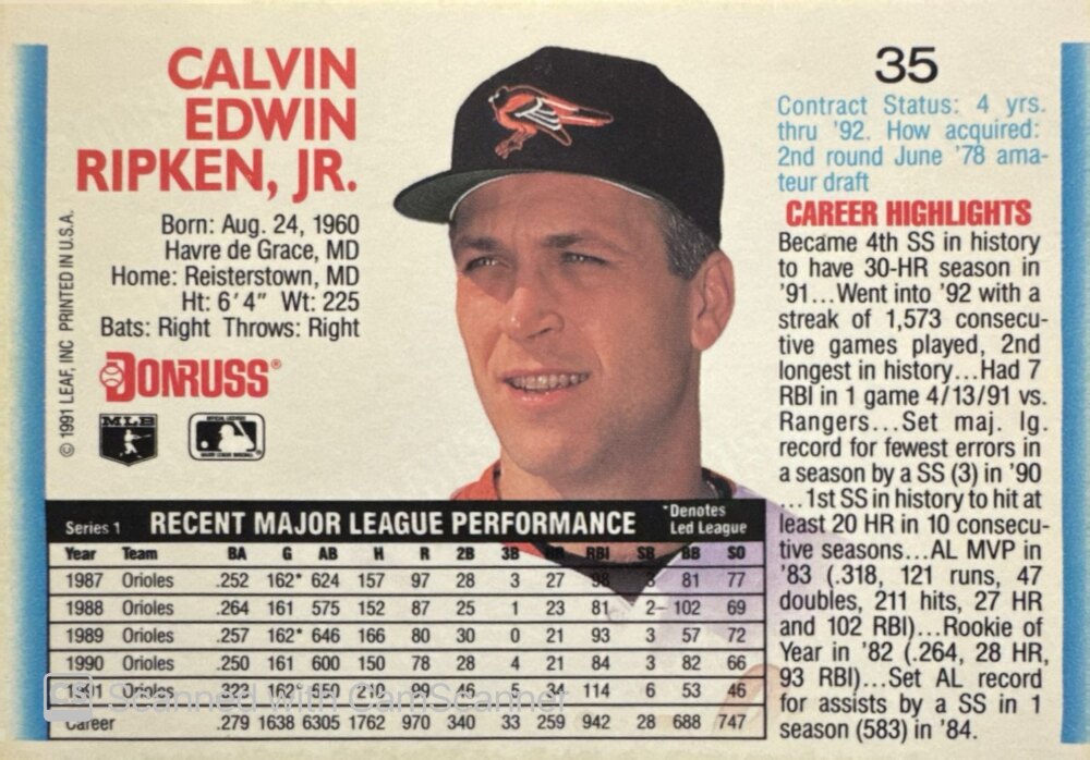 1992 Donruss Calvin Edwin Ripken Jr. Baseball Card #35