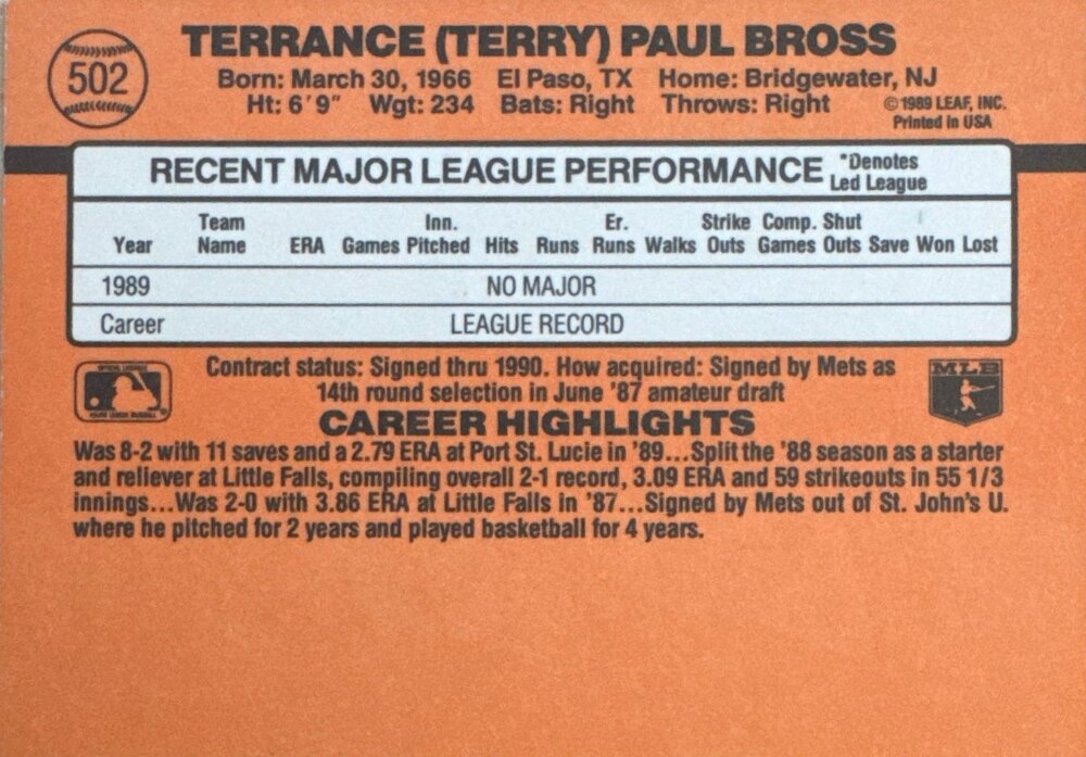 1990 Donruss Terrance (Terry) Paul Bross Baseball Card #502