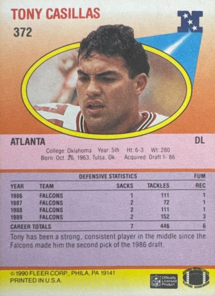 1990 Fleer Tony Casillas Football Card #372