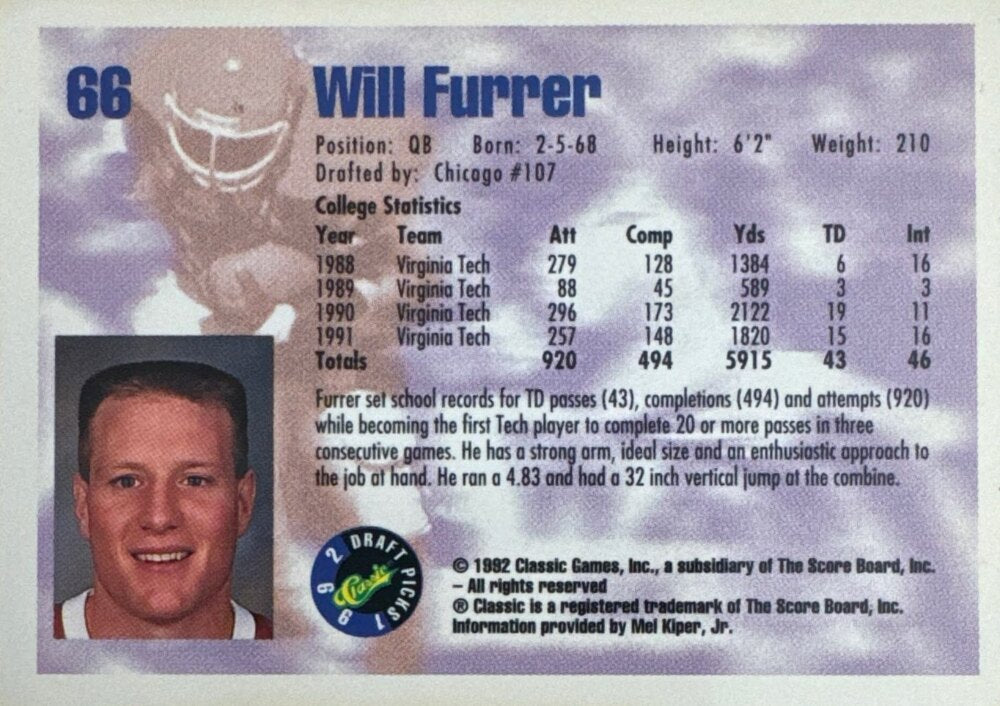 1992 Classic Draft Picks Will Furrer Football Card #66