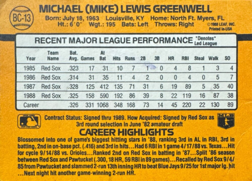 1989 Donruss Michael (Mike) Lewis Greenwell Baseball Card #BC-13