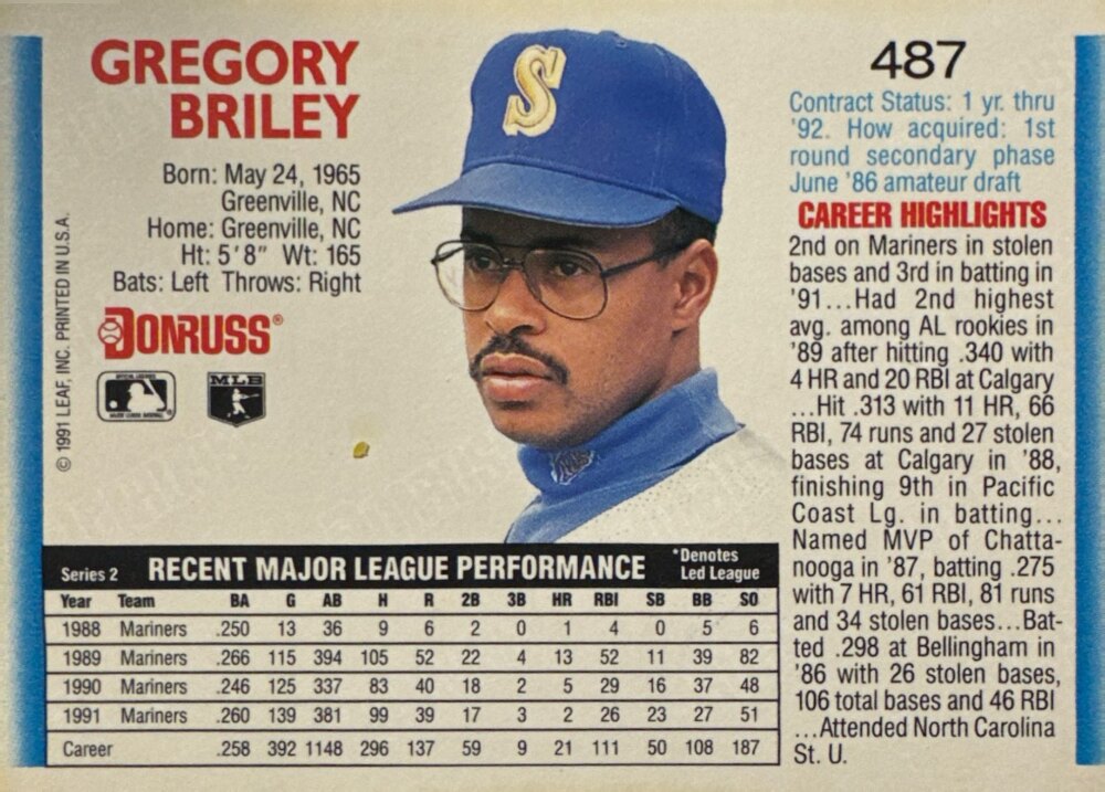 1992 Donruss Gregory Briley Baseball Card #487