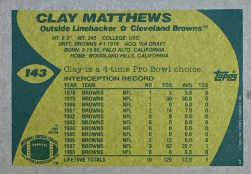 1989 Topps Clay Matthews Football Card #143