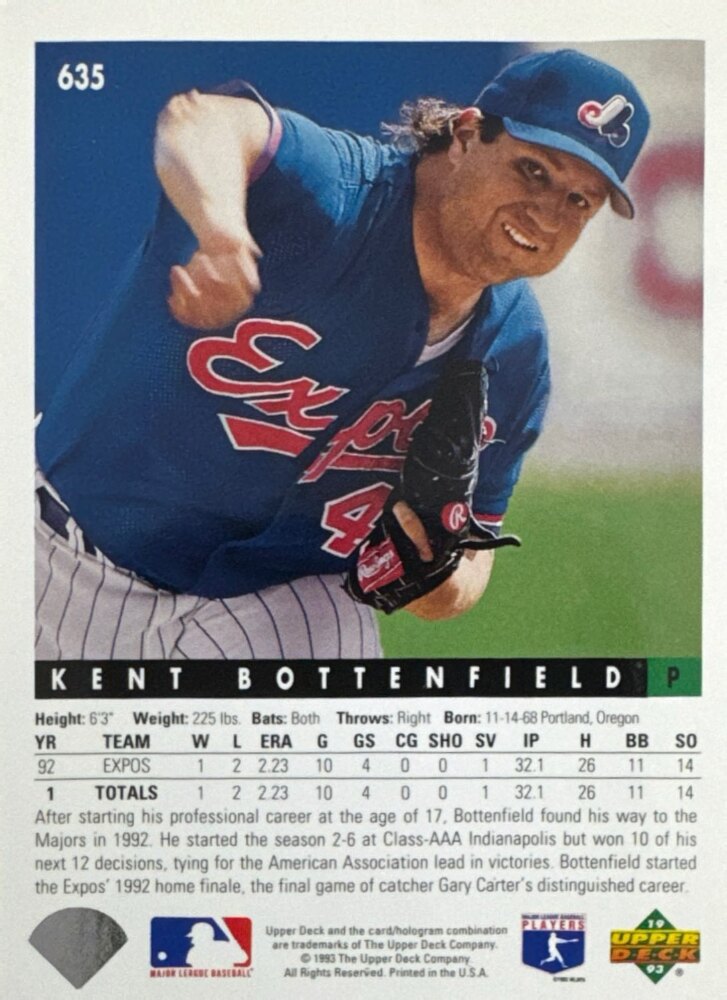 1993 Upper Deck Kent Bottenfield Baseball Card #635