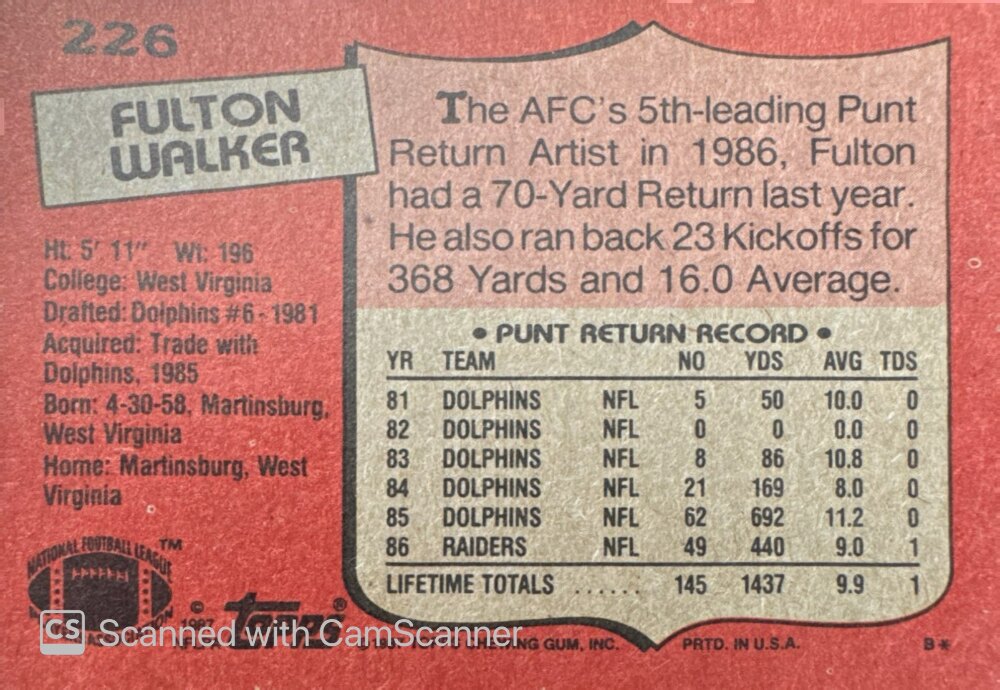 1987 Topps Fulton Walker Football Card #226