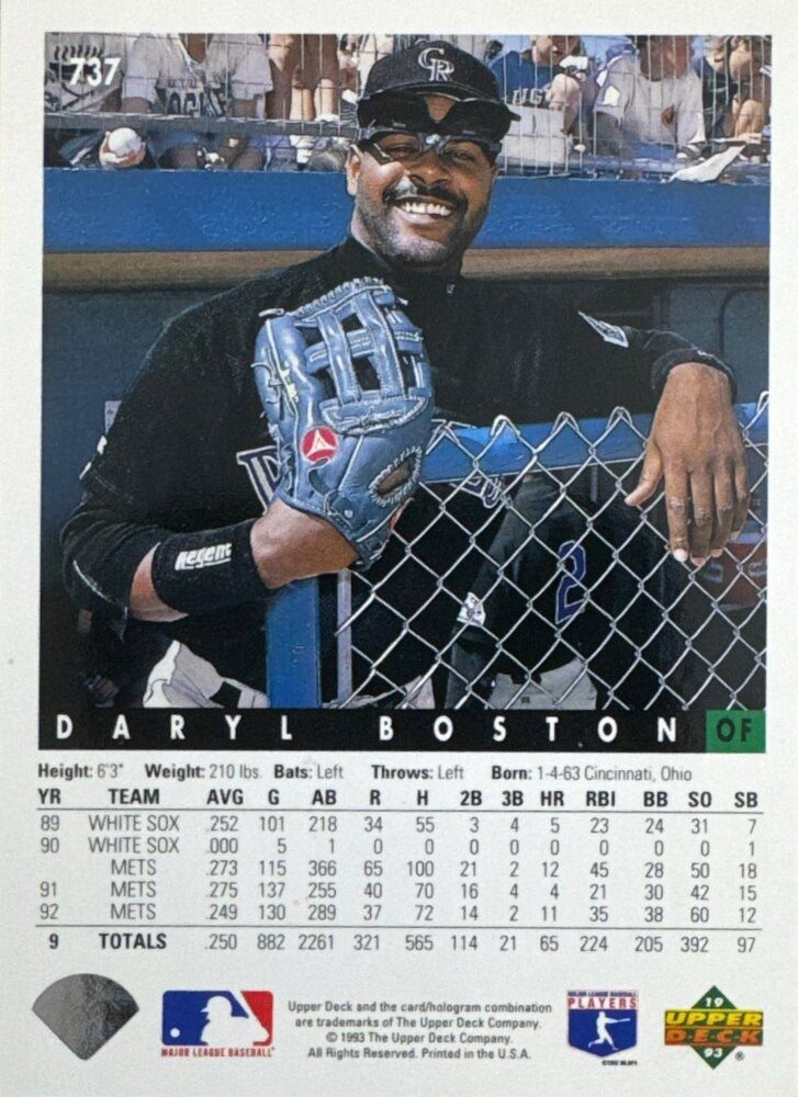 1993 Upper Deck Daryl Boston Baseball Card #737