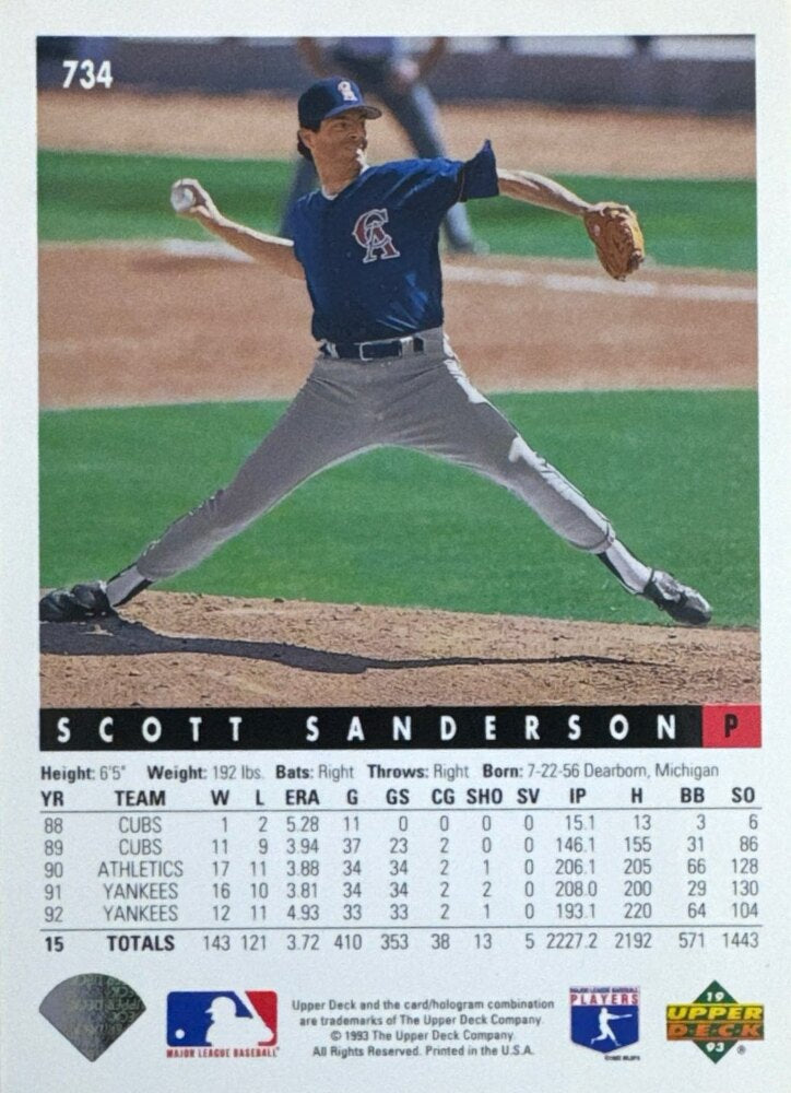 1993 Upper Deck Scott Sanderson Baseball Card #734