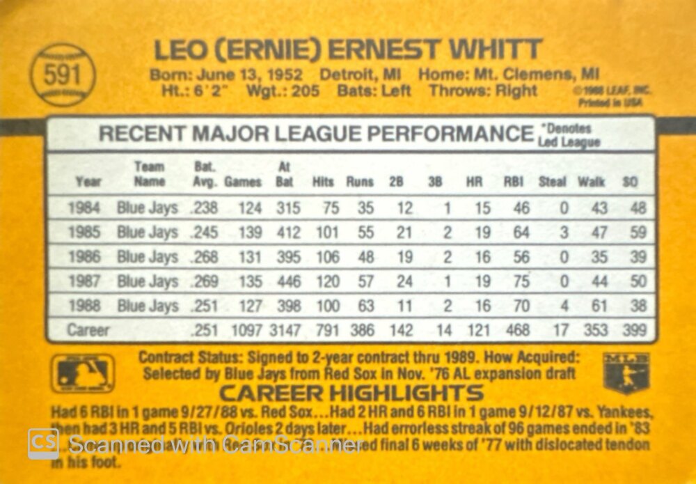 1989 Donruss Leo (Ernie) Ernest Whitt Baseball Card #591