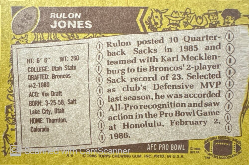 1986 Topps Rulon Jones Football Card #118