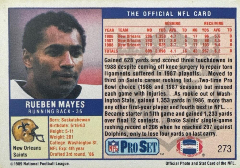 1989 NFL Pro Set Rueben Mayes Football Card #273