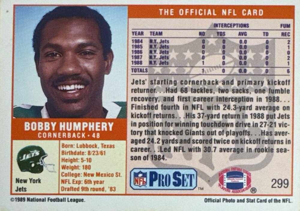 1989 NFL Pro Set Bobby Humphery Football Card #299