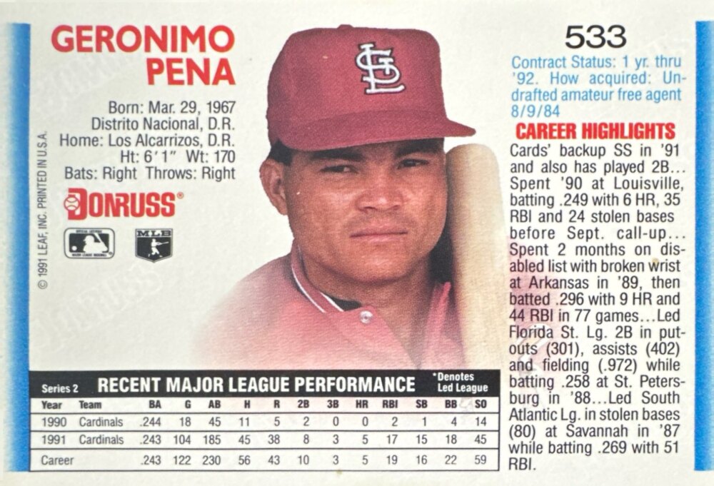 1992 Donruss Geronimo Pena Baseball Card #533