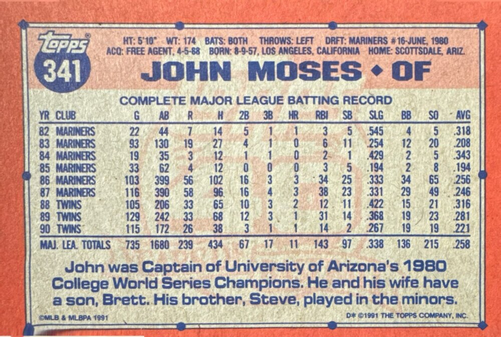 1991 Topps John Moses Baseball Card #341