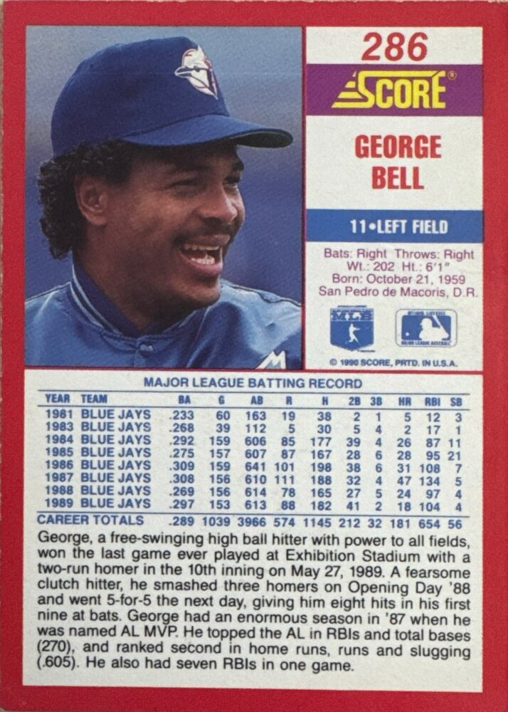 1990 Score George Bell Baseball Card #286