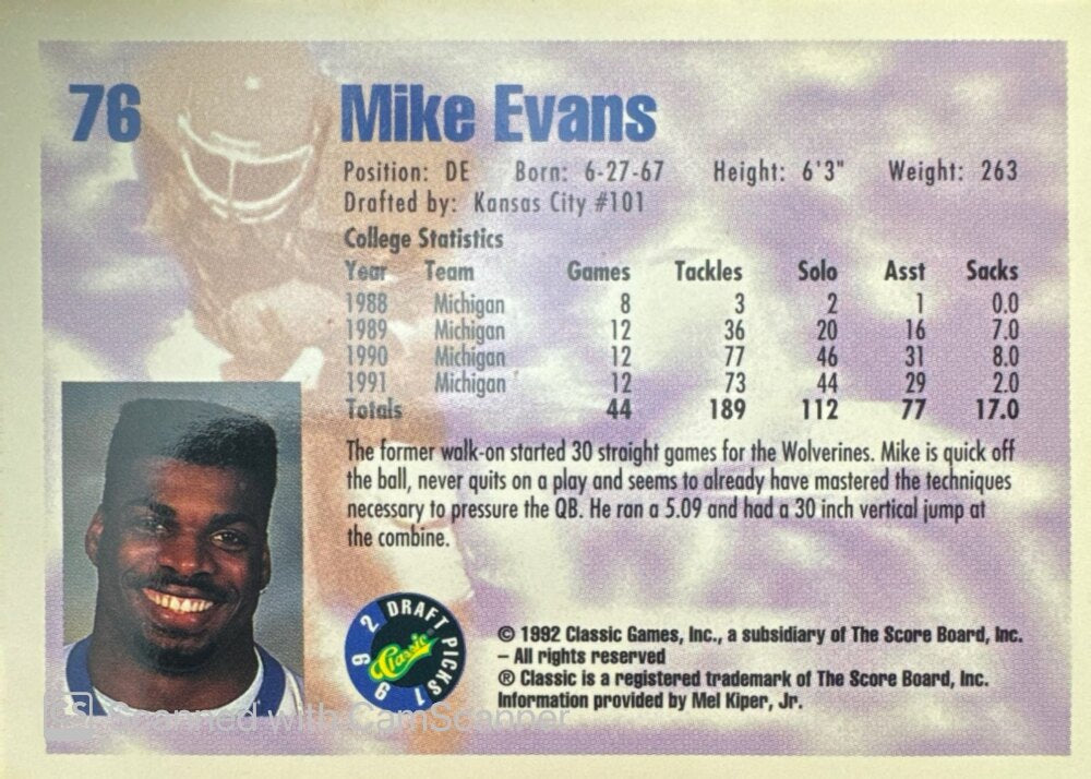 1992 Classic Draft Picks Mike Evans Football Card #76