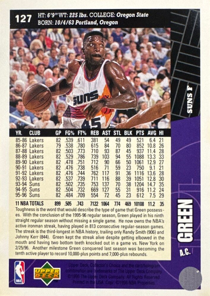 1996 Upper Deck Collectors Choice A.C. Green Basketball Card #127