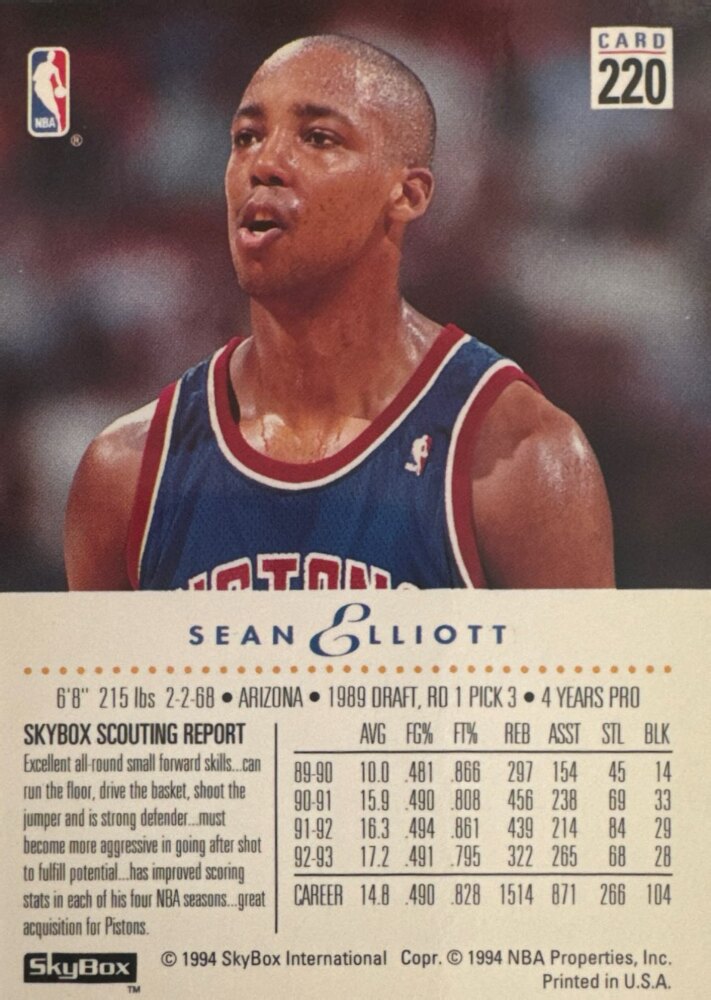 1994 Skybox Sean Elliott Basketball Card #220