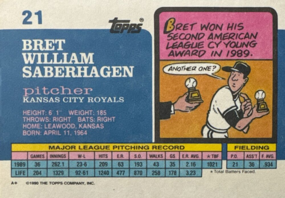 1990 Topps Bret William Sabherhagen Baseball Card #21