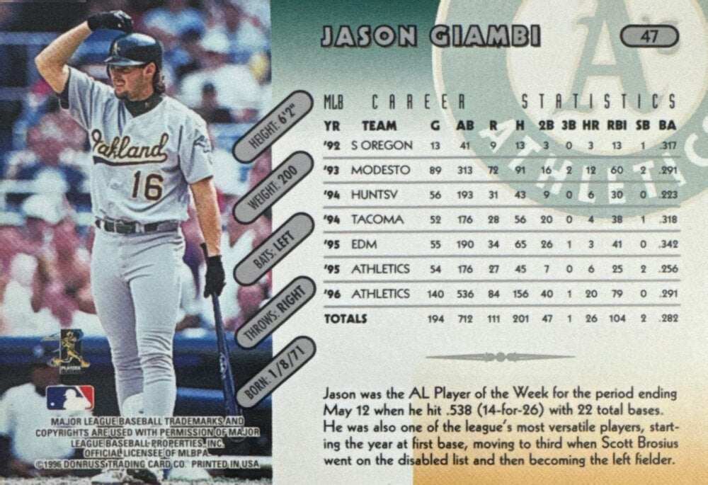 1996 Donruss Jason Giambi Baseball Card #47