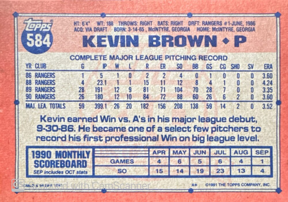 1991 Topps Kevin Brown Baseball Card #584