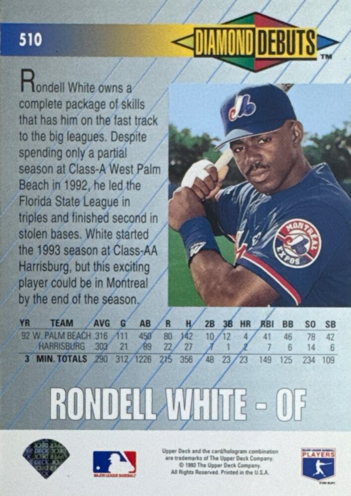 1993 Upper Deck Diamond Debuts Rondell White Baseball Card #510