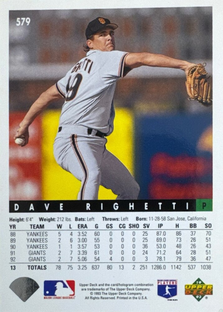 1993 Upper Deck Dave Righetti Baseball Card #579