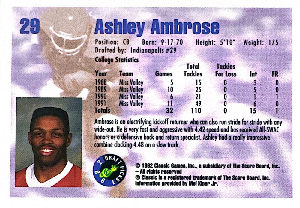 1992 Classic Draft Picks Ashley Ambrose Football Card #29