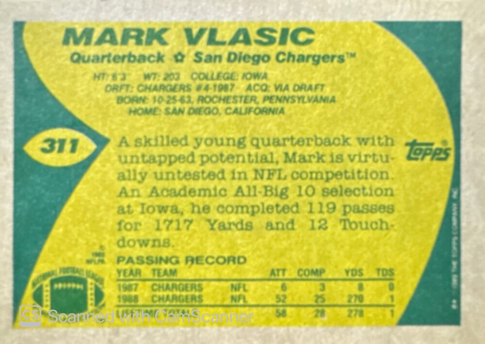 1989 Topps Mark Vlasic Football Card #311