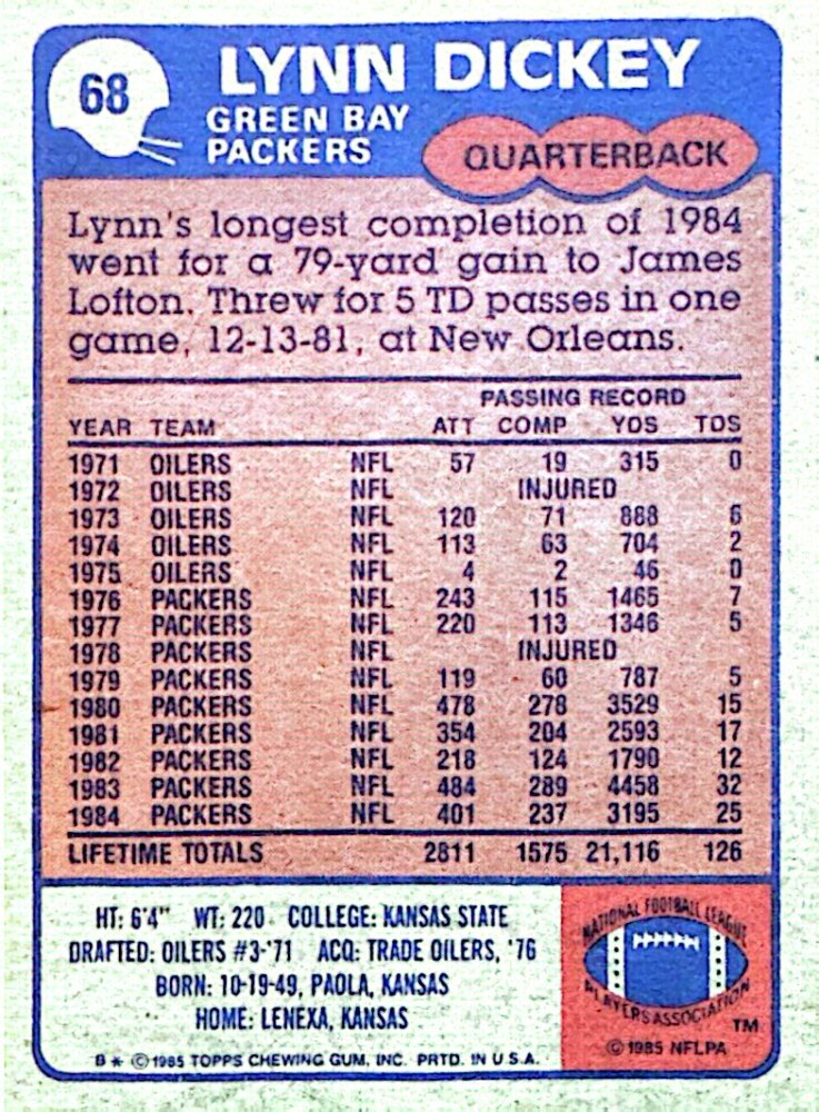 1985 Topps Lynn Dickey Football Card #68