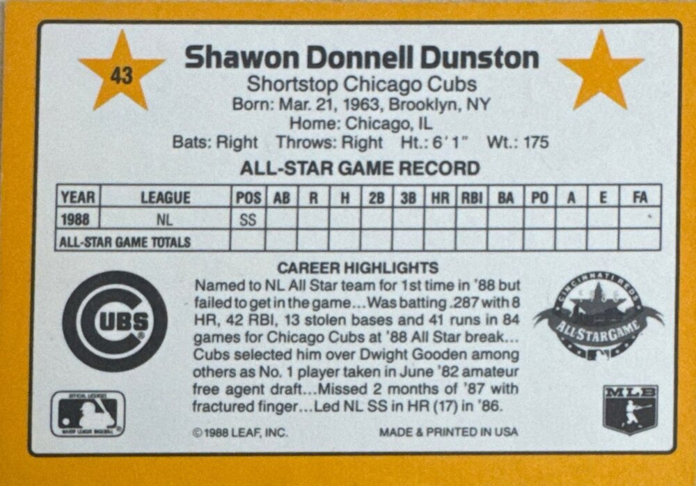 1989 Donruss Shawon Donnell Dunston Baseball Card #43