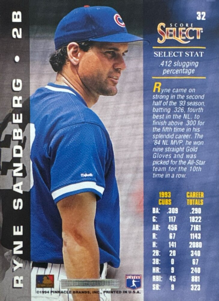 1994 Score Select Ryne Sandberg Baseball Card #32