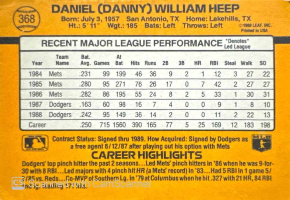 1989 Donruss Daniel (Danny) William Heep Baseball Card #368