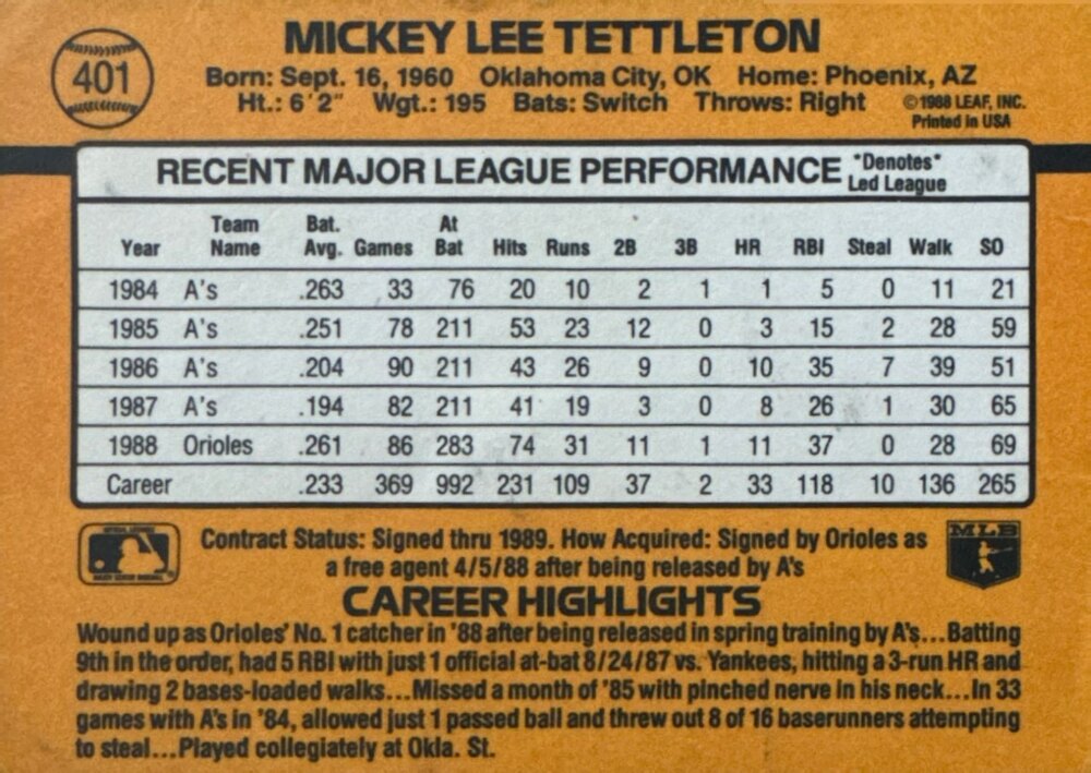 1989 Donruss Mickey Tettleton Baseball Card #401