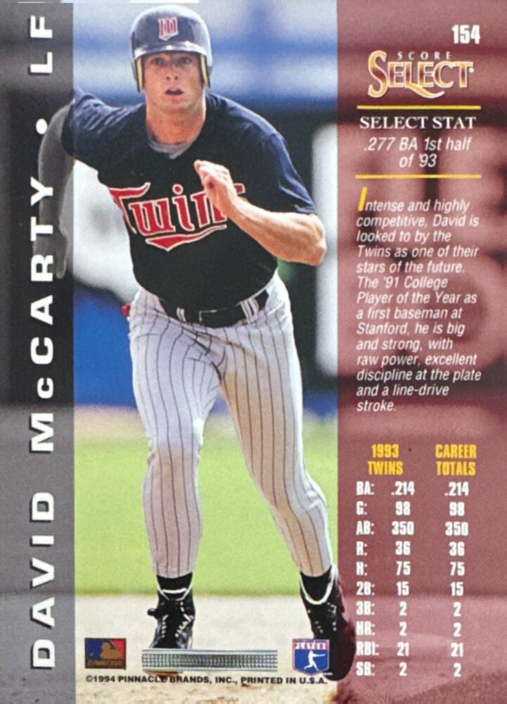 1994 Score Select David McCarty Baseball Card #154