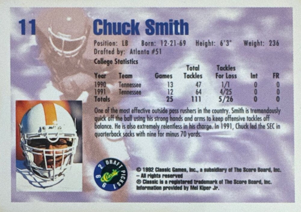 1992 Classic Draft Picks Chuck Smith Football Card #11