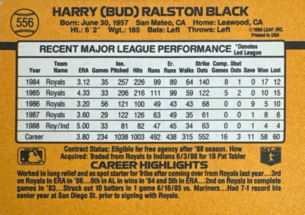 1989 Donruss Harry (Bud) Ralston Black Baseball Card #556