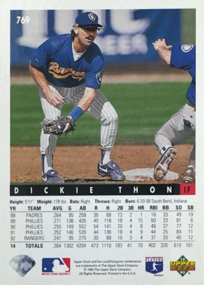 1993 Upper Deck Dickie Thon Baseball Card #769