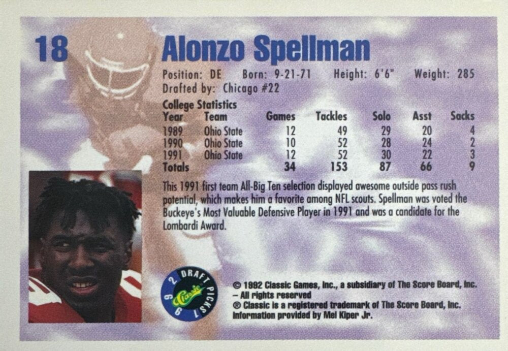 1992 Classic Draft Picks Alonzo Spellman Football Card #18