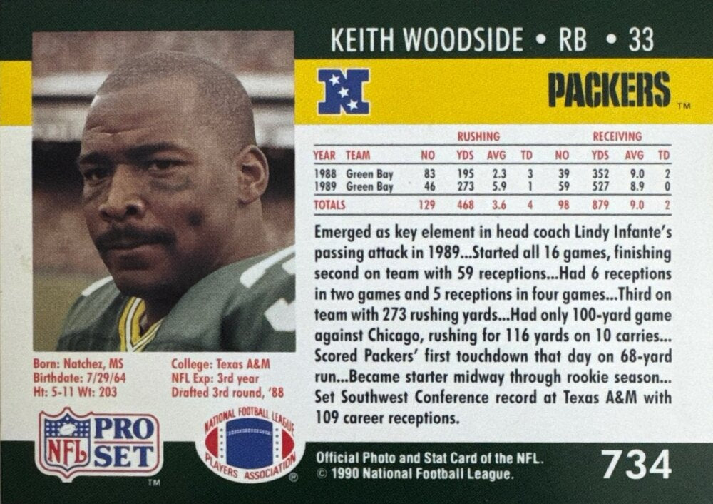 1990 NFL Pro Set Keith Woodside Football Card #734