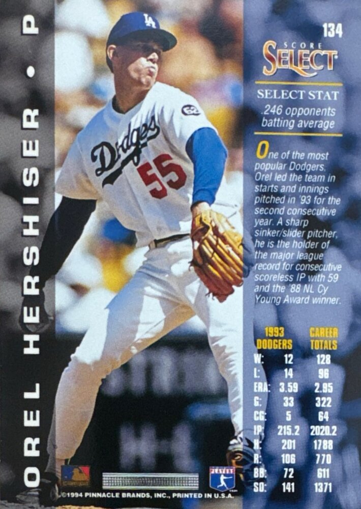 1994 Score Select Orel Hershiser Baseball Card #134