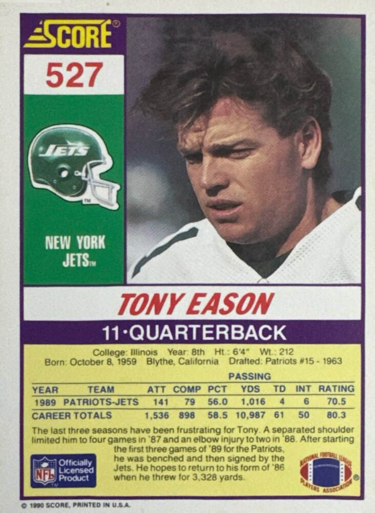 1990 Score Tony Eason Football Card #527