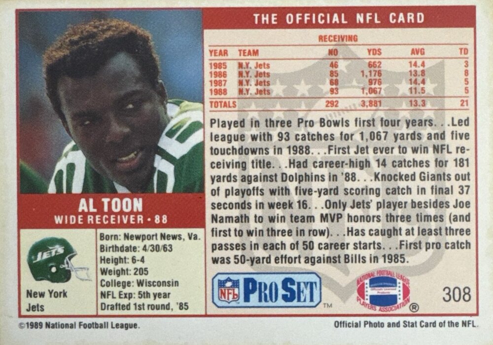 1989 NFL Pro Set Al Toon Football Card #308