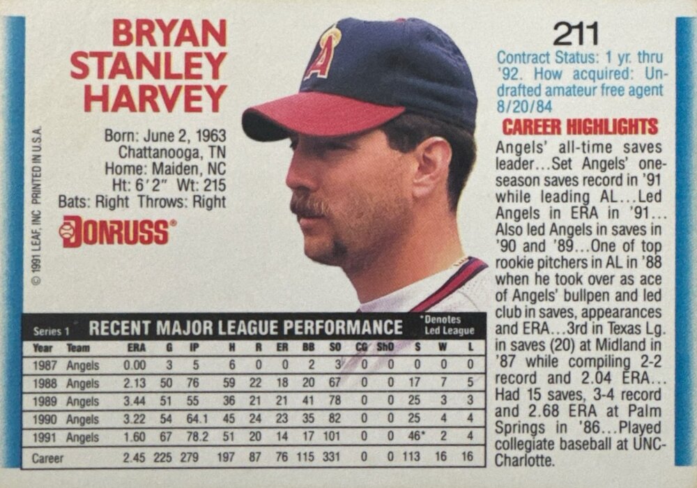 1992 Donruss Bryan Stanley Harvey Baseball Card #211