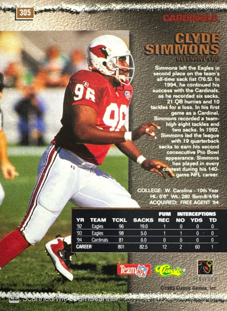 1995 Classic Pro Line Clyde Simmons Football Card #305