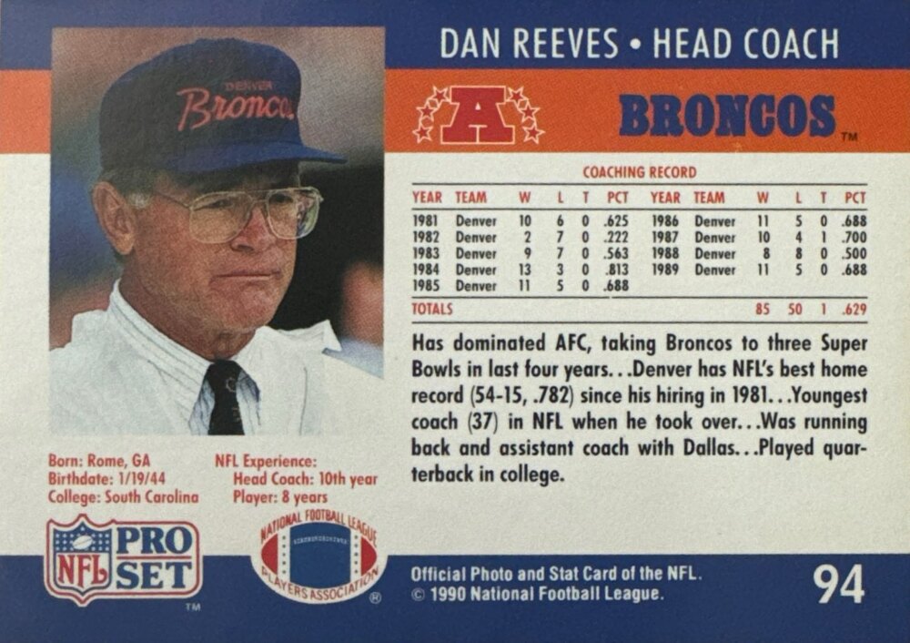 1990 NFL Pro Set Dan Reeves Football Card #94