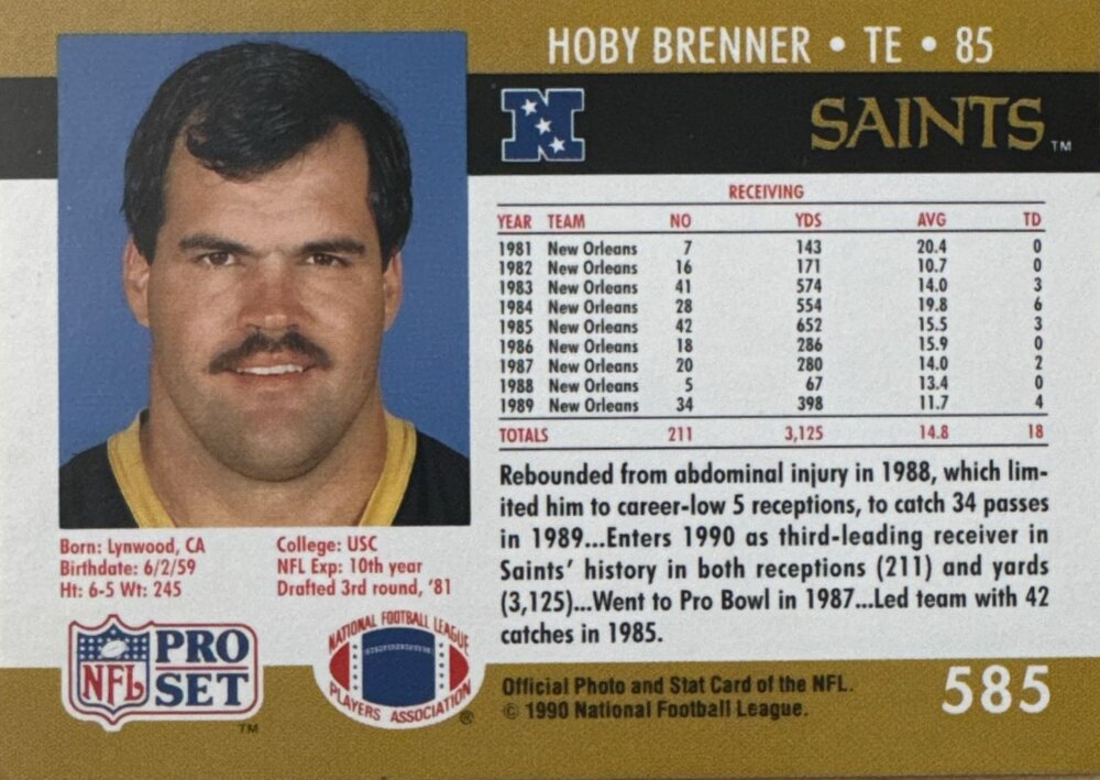 1990 NFL Pro Set Hoby Brenner Football Card #585